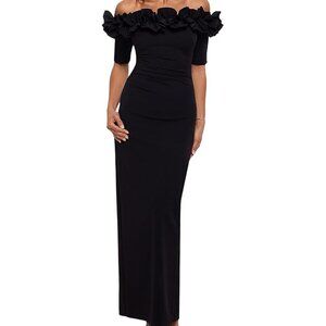 Xscape Black Ruffle Off the Shoulder Crepe Column Gown